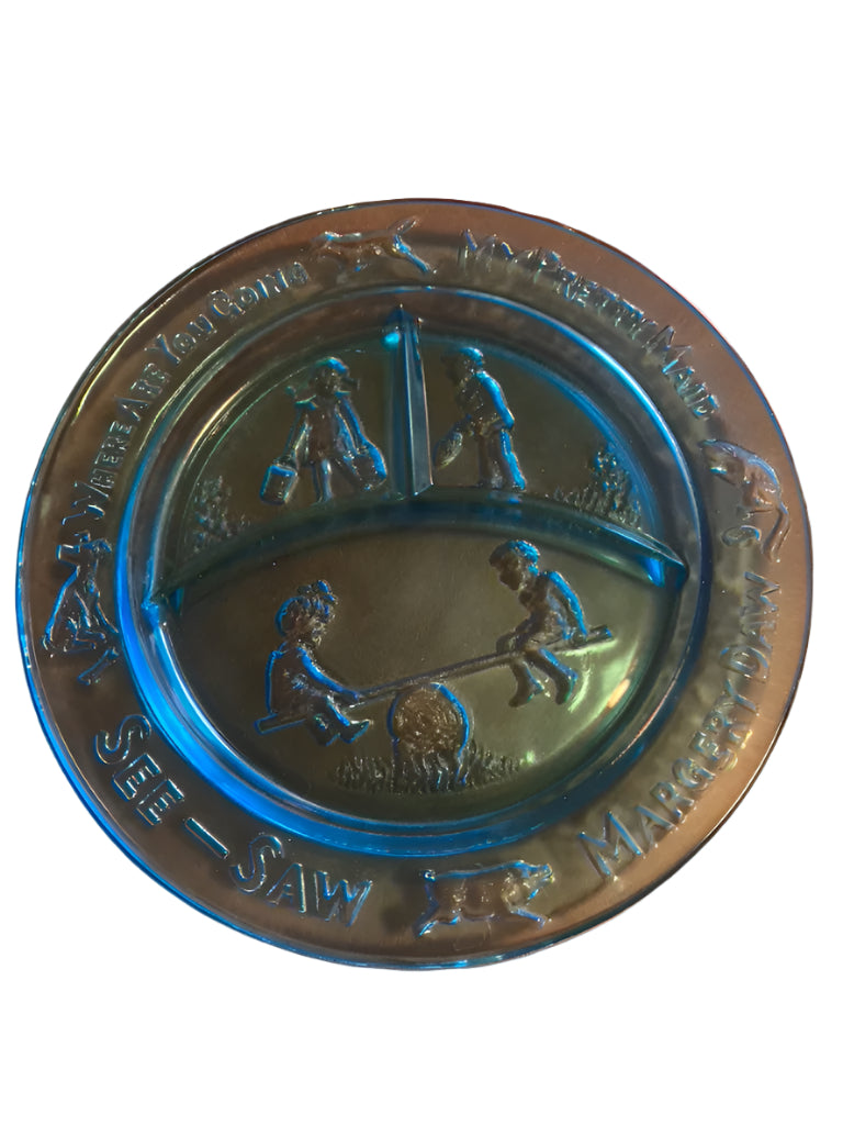 Vintage Blue Glass Child's Plate Nursery Rhyme - Margery Daw