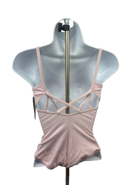 Pink leotard back with geometric design on a gray background