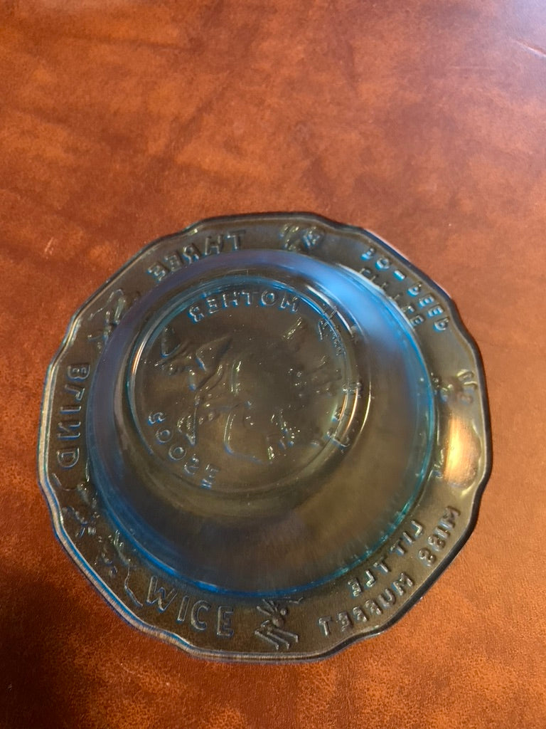 Vintage Blue Glass Child's Bowl Nursery Rhyme Three Blind Mice Margery Daw