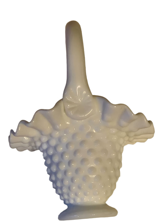 Vintage 1950s Fenton White Hobnail Applied Handle Small Basket 6”