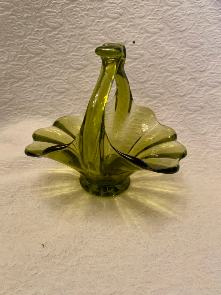 Vintage MCM Glass Green Basket Collectible Decor