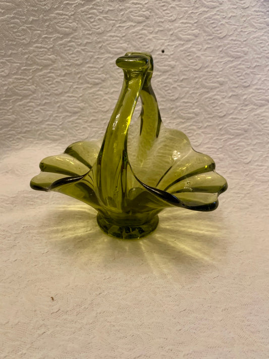 Vintage MCM Glass Green Basket Collectible Decor