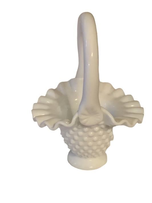 Vintage 1950s Fenton White Hobnail Applied Handle Small Basket 6”