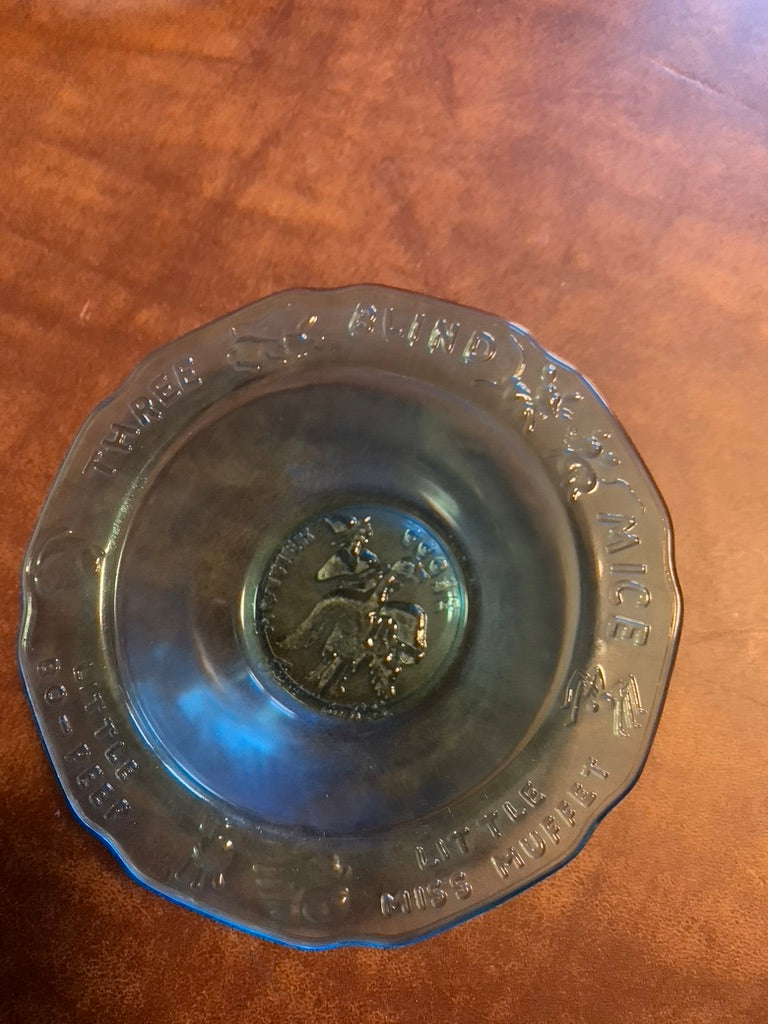 Vintage Blue Glass Child's Bowl Nursery Rhyme Three Blind Mice Margery Daw