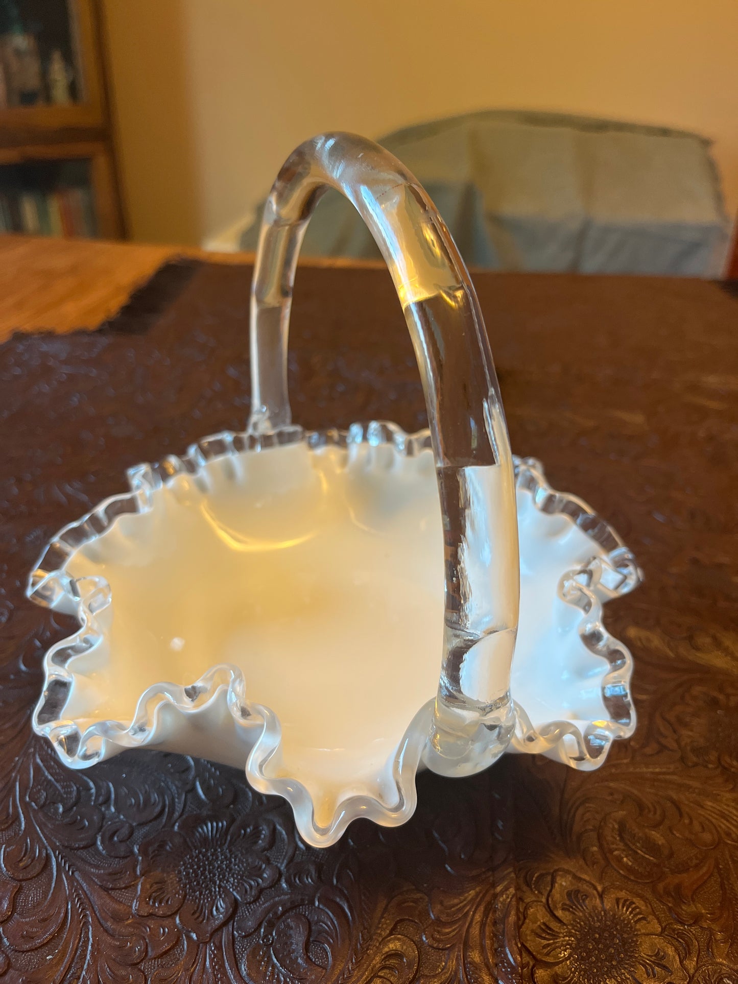 Fenton Silver Crest Petticoat Milk White Glass Basket Clear Handle Candy Dish