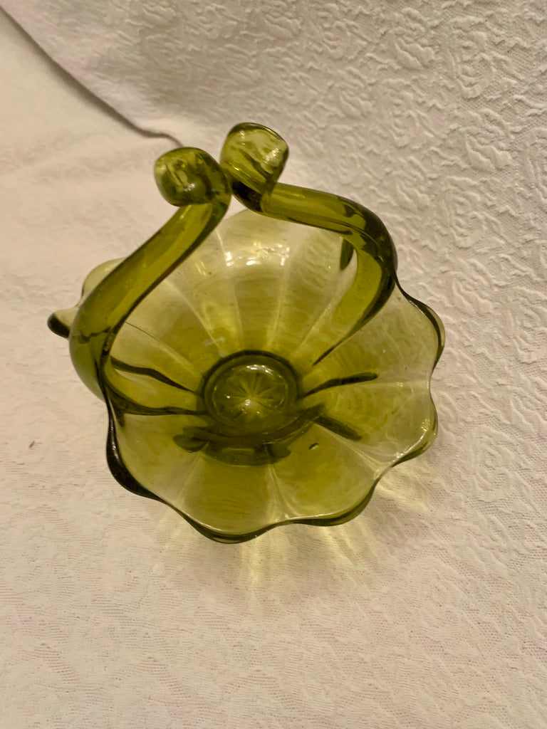 Vintage MCM Glass Green Basket Collectible Decor