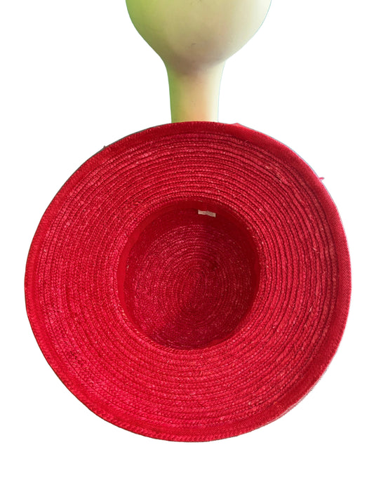 Vintage Women's Red Straw Hat Kentucky Derby Straw, Feather Satin Medium.