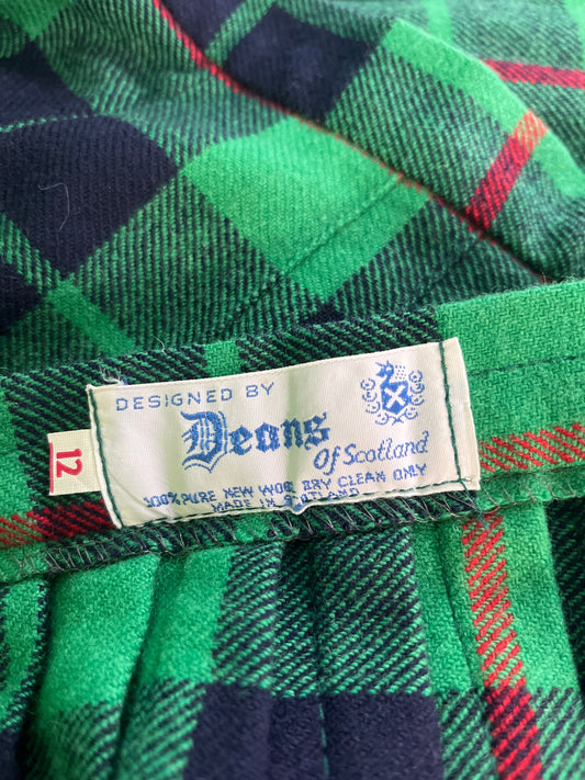 Pleated Wool Women's Kilt Skirt- Deans Of Scotland, Blue / Green Plaid Size 12