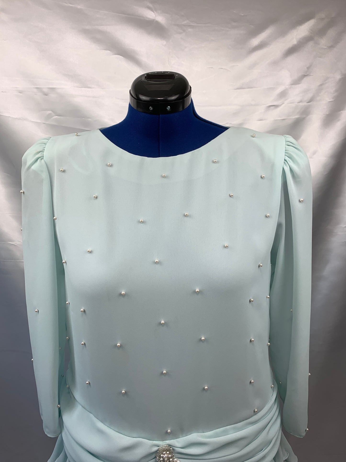 Vintage Seafoam Dress, Long Sleeves Charleston, 1980's Women's Size 16 Patra