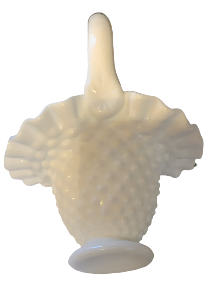 Vintage 1950s Fenton White Hobnail Applied Handle Small Basket 6”