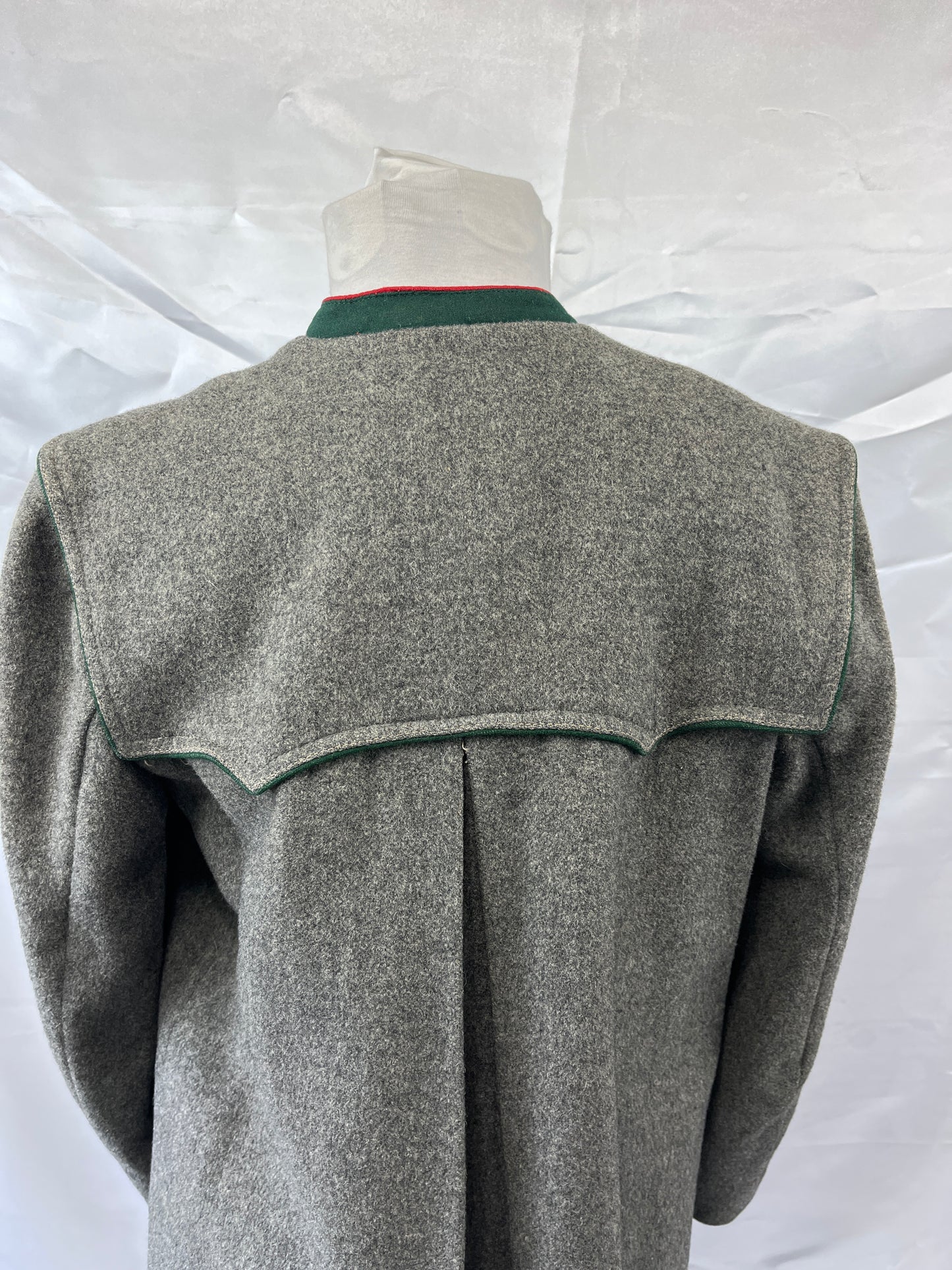 Vintage Austrian Grey Jacket  Red  & Green Trim Wool Ladies Small/Child XLG