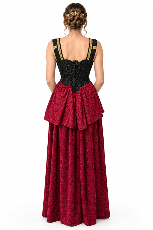 A gothic-style costume dress displayed on a mannequin, featuring a black lace-up corset bodice with gold trim and straps, layered over a deep red velvet skirt.