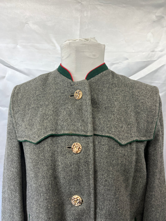 Vintage Austrian Grey Jacket  Red  & Green Trim Wool Ladies Small/Child XLG