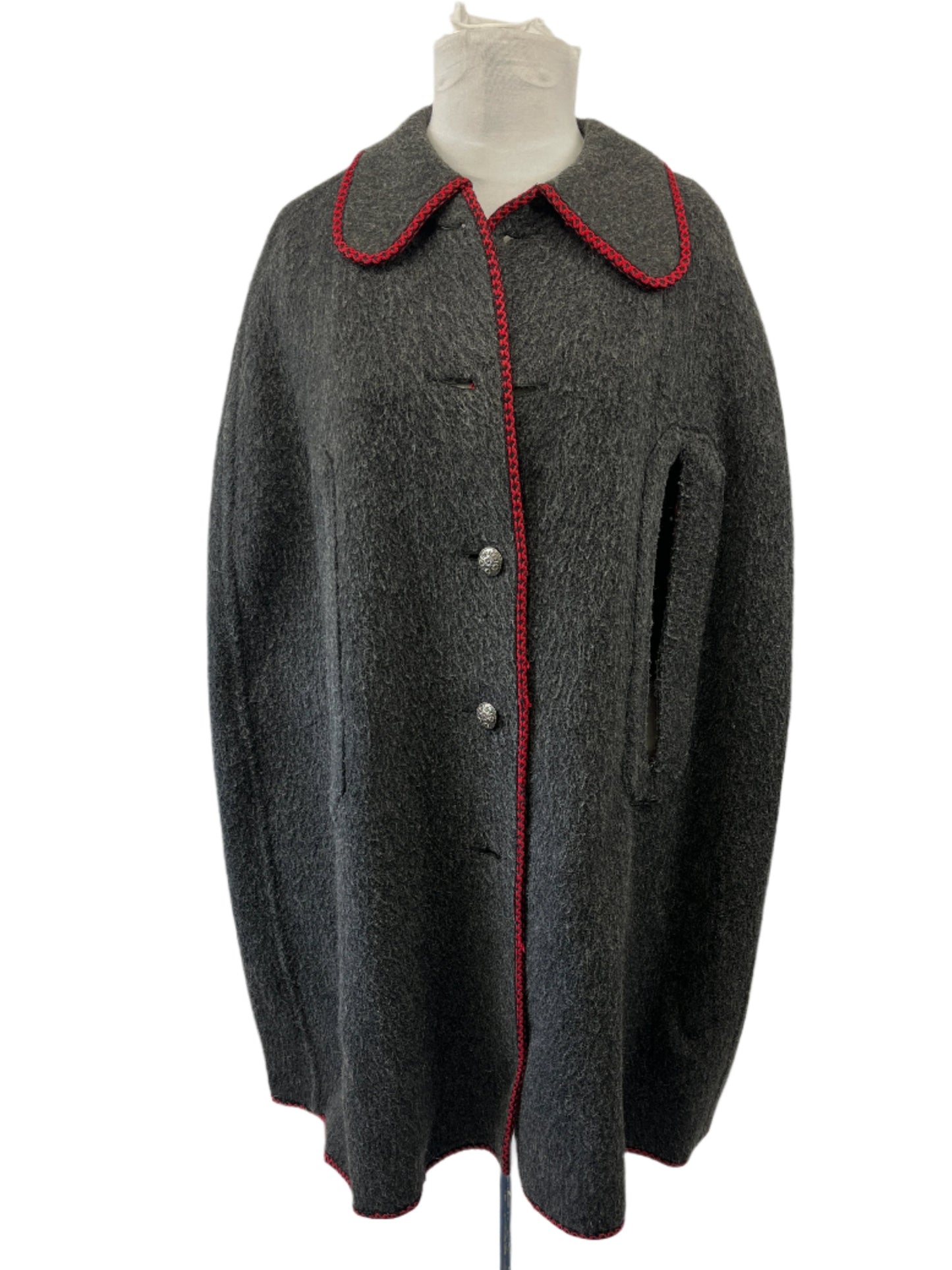 Vintage Grey, Red Trim Wool Ladies Cape