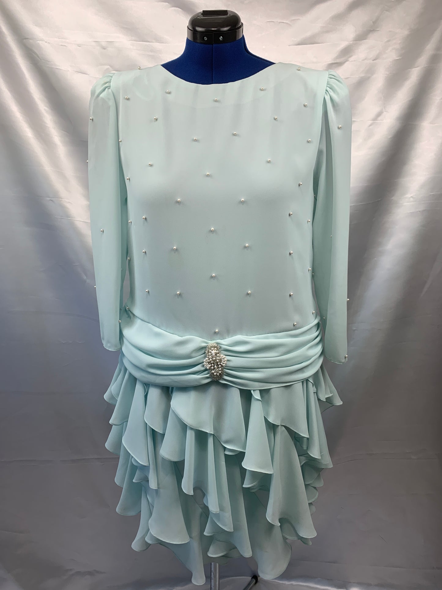 Vintage Seafoam Dress, Long Sleeves Charleston, 1980's Women's Size 16 Patra