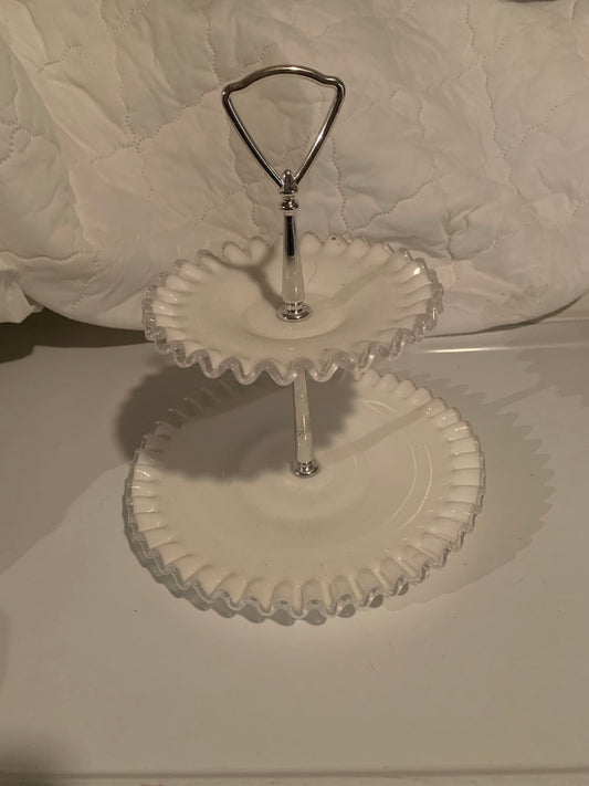 Vintage Fenton Fluted White Milk Glass Silver Crest 2 Tier Serving Tidbit Tray