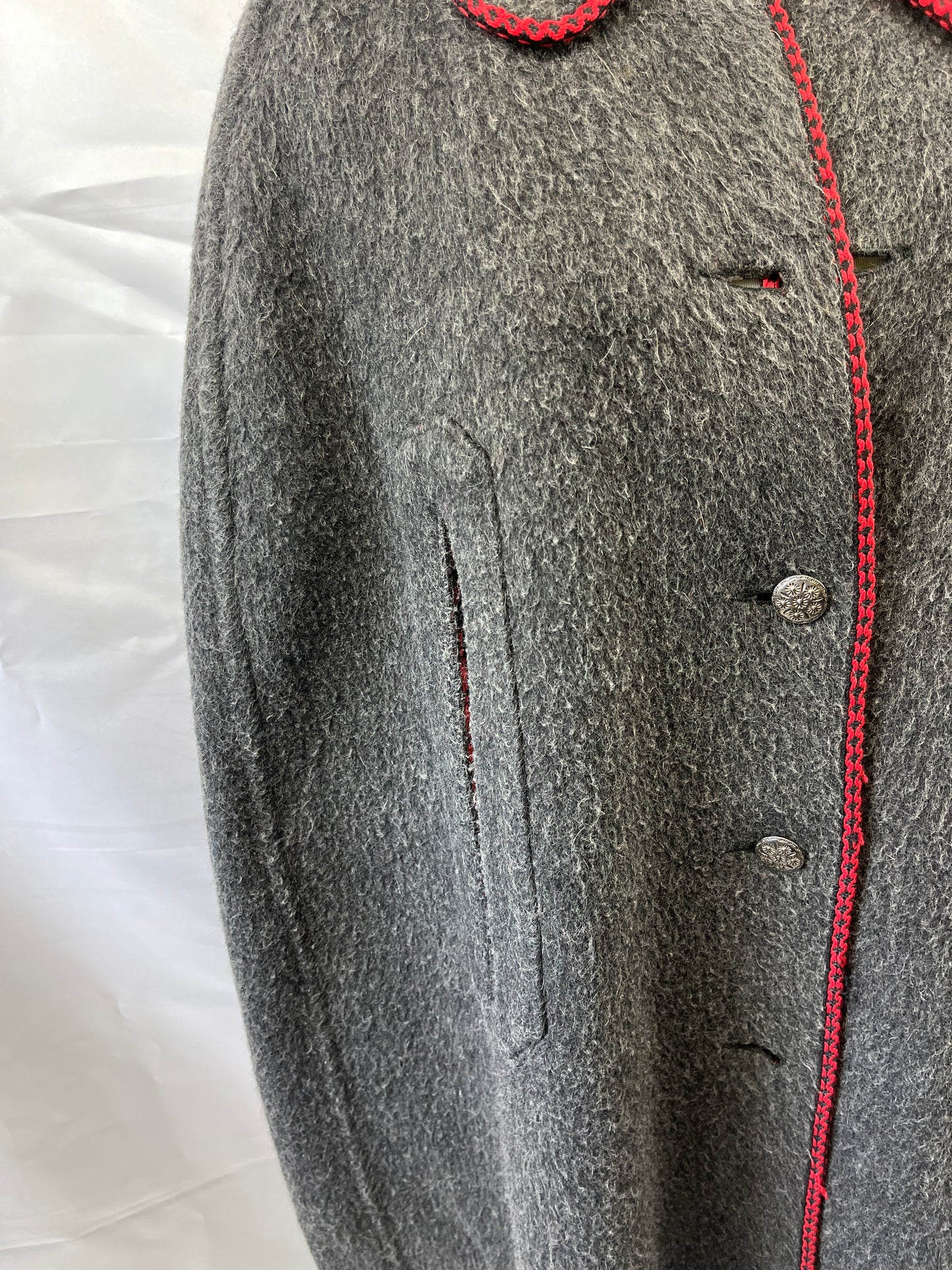 Vintage Grey, Red Trim Wool Ladies Cape
