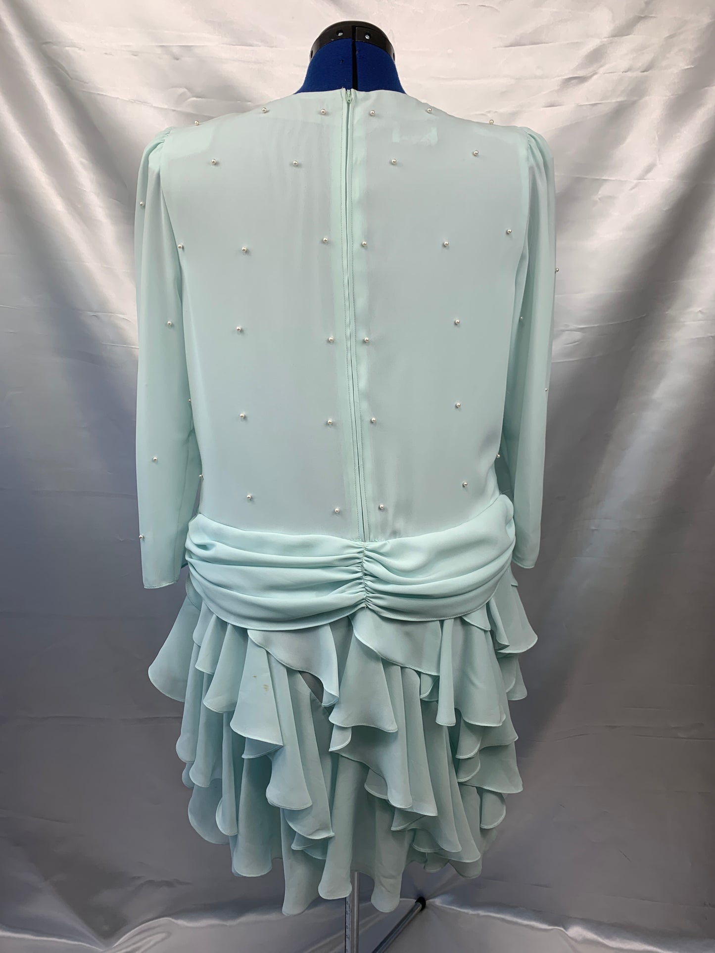 Vintage Seafoam Dress, Long Sleeves Charleston, 1980's Women's Size 16 Patra