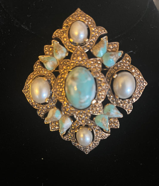 Sarah Coventry Remembrance Brooch / Pendant Turquoise & Faux Pearls Cabochon