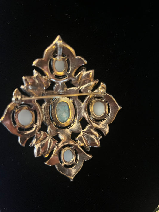 Sarah Coventry Remembrance Brooch / Pendant Turquoise & Faux Pearls Cabochon