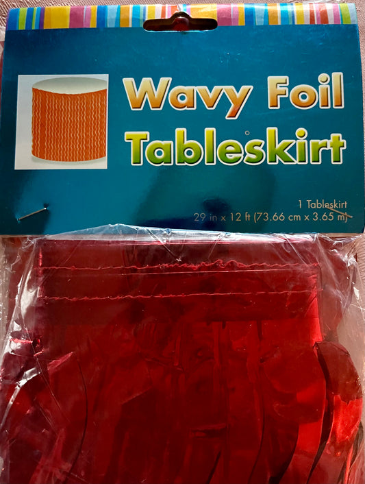 Wavy Foil Table Skirt Red or Iridescent 29" x 12 ft