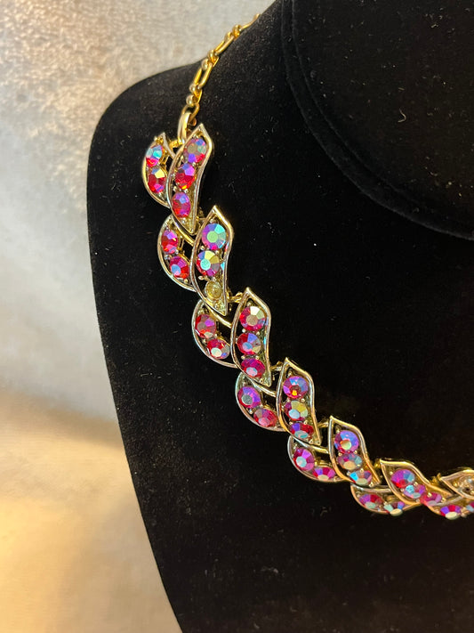 Red Aurora Rhinestone Vintage Necklace