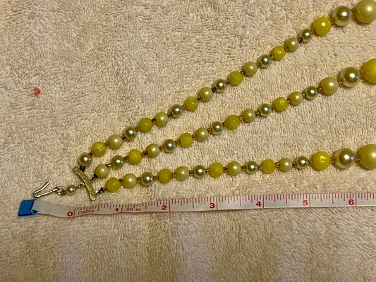 Vintage 3 Strand Faux Pearl & Yellow Bead Necklace