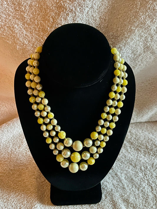 Vintage 3 Strand Faux Pearl & Yellow Bead Necklace