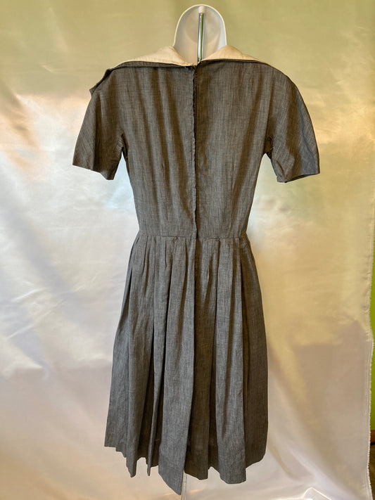 Gray & White Collar Pleated Dress- Women's XS Vintage