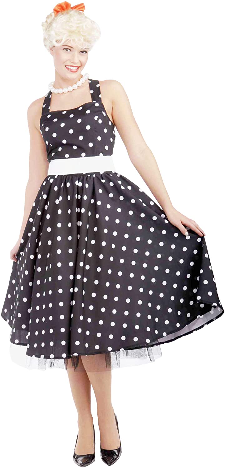 LADIES 1950s COSTUME - BLACK POLKA DOT ROCKABILLY BLOUSE + BLACK 1950s STYLE  SUNGLASSES + BLACK 50s STYLE FRILLY BOBBY SOCKS - WOMENS 50s FANCY DRESS  OUTFIT (ONE SIZE) : : Toys & Games