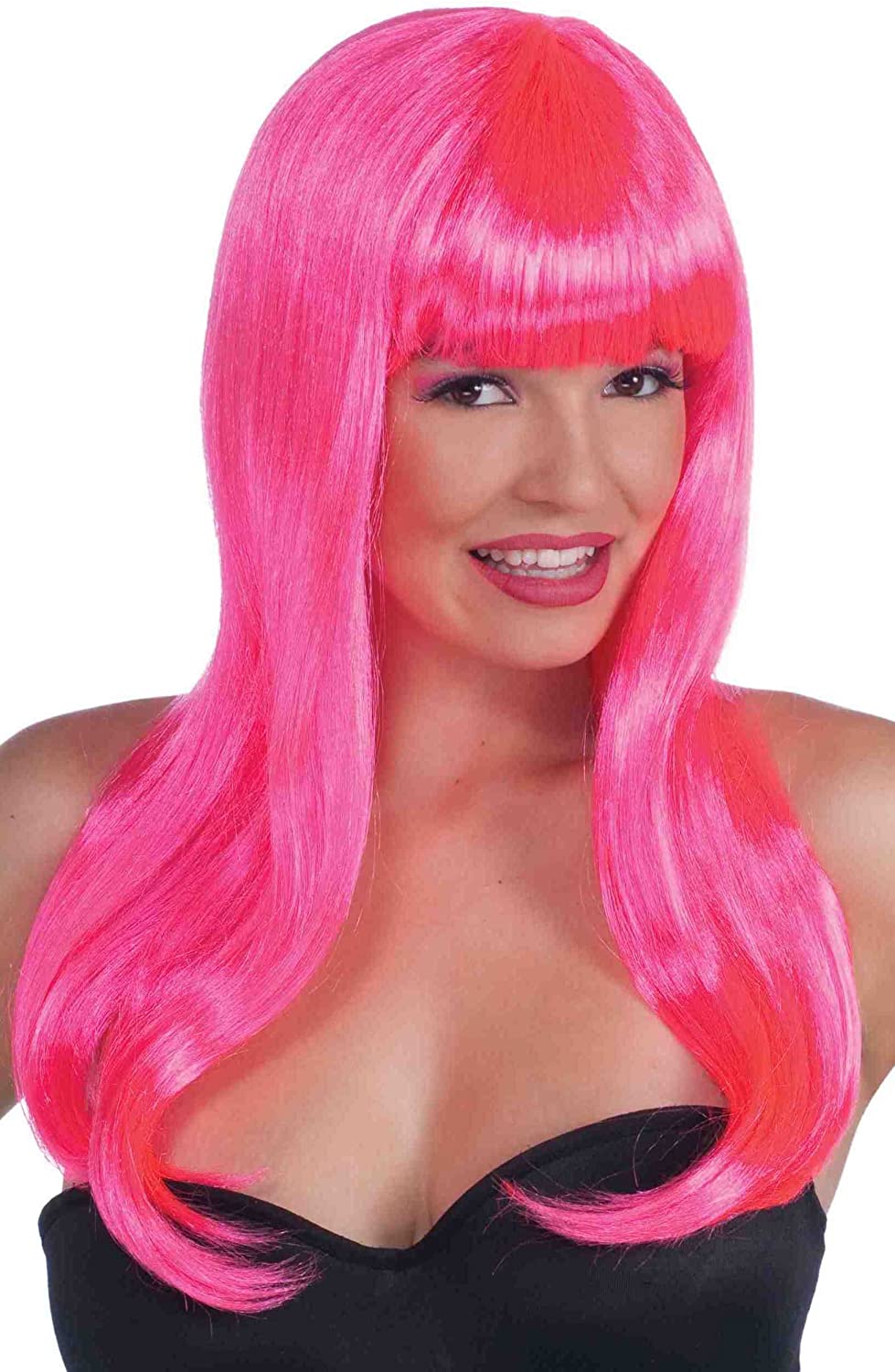 Women's Sassy Long Wig w/Bangs Neon Pink Costume Accessory