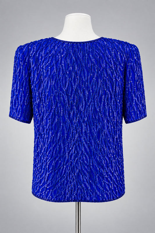 1980's Blue Silk Sequin Laurence Kazar Vintage Top Women's Size PXL