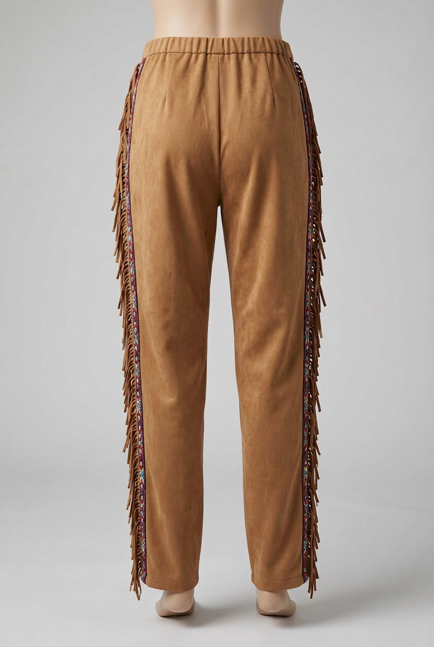 Tan suede looking Native American Indian womens back of pants with fringe