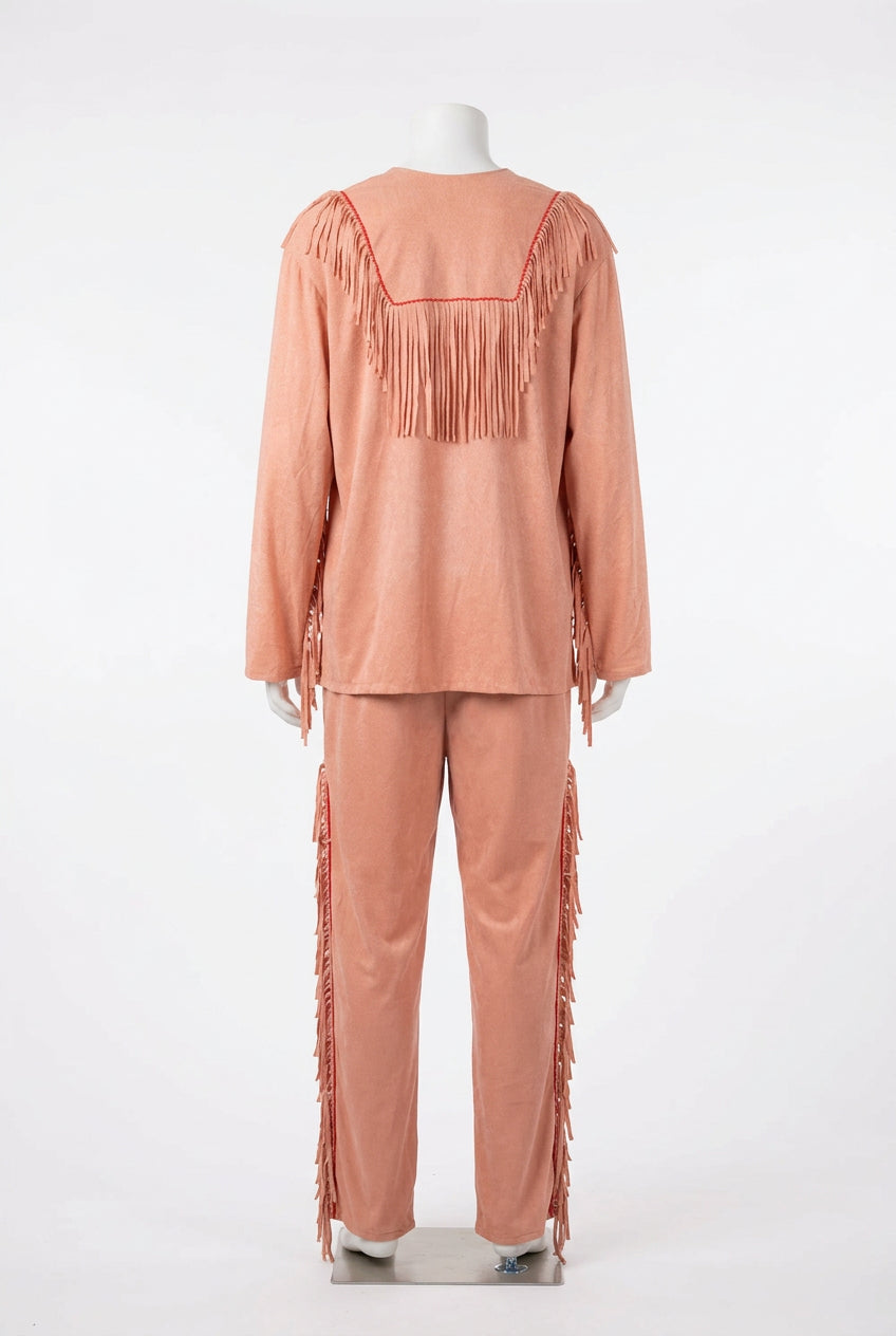 Mens Tan brown Shirt and Pants with fringe  Native american indian costume on manniquin in studio