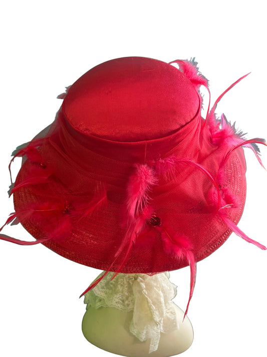 Vintage Women's Red Straw Hat Kentucky Derby Straw, Feather Satin Medium.
