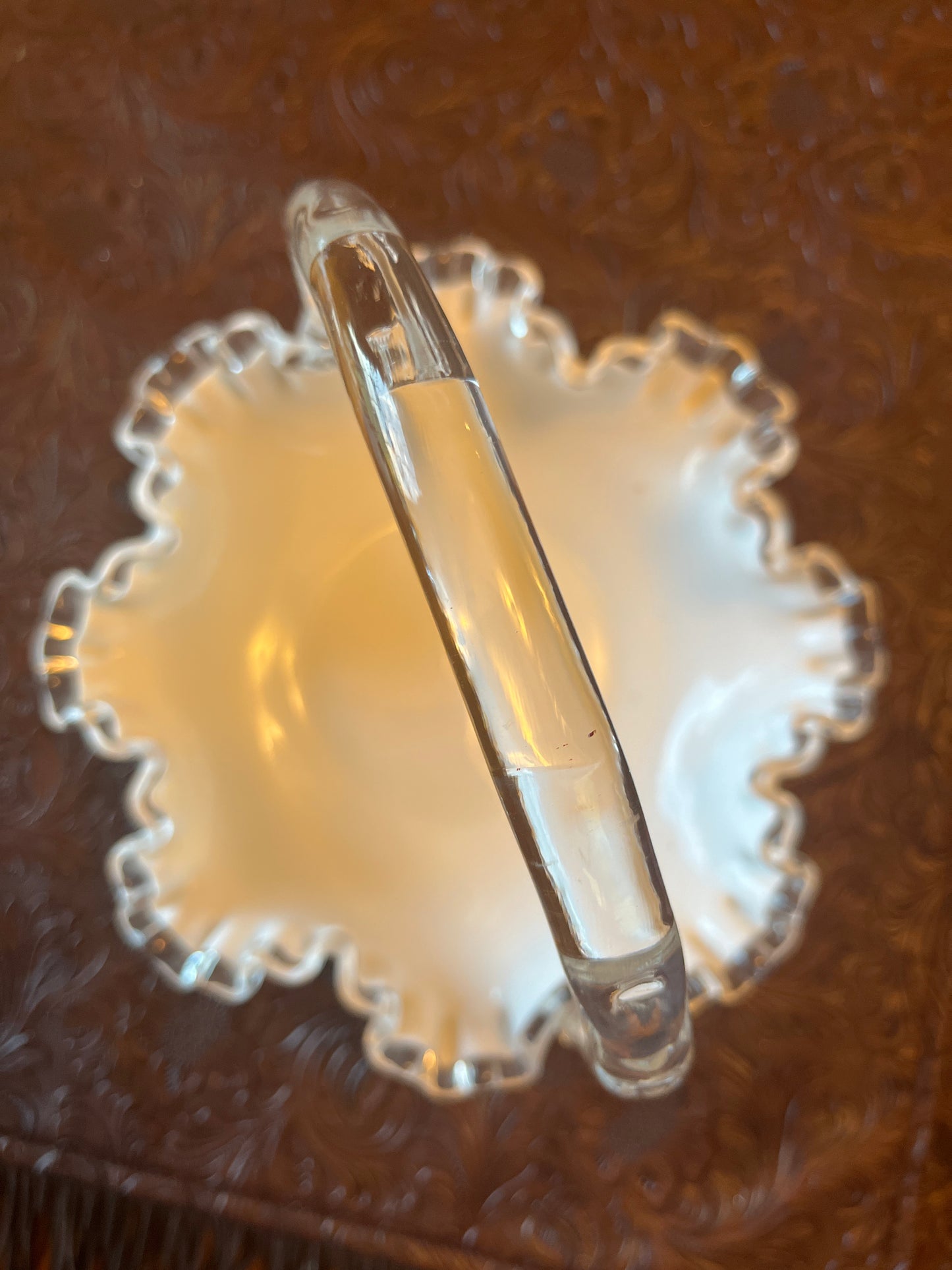 Fenton Silver Crest Petticoat Milk White Glass Basket Clear Handle Candy Dish