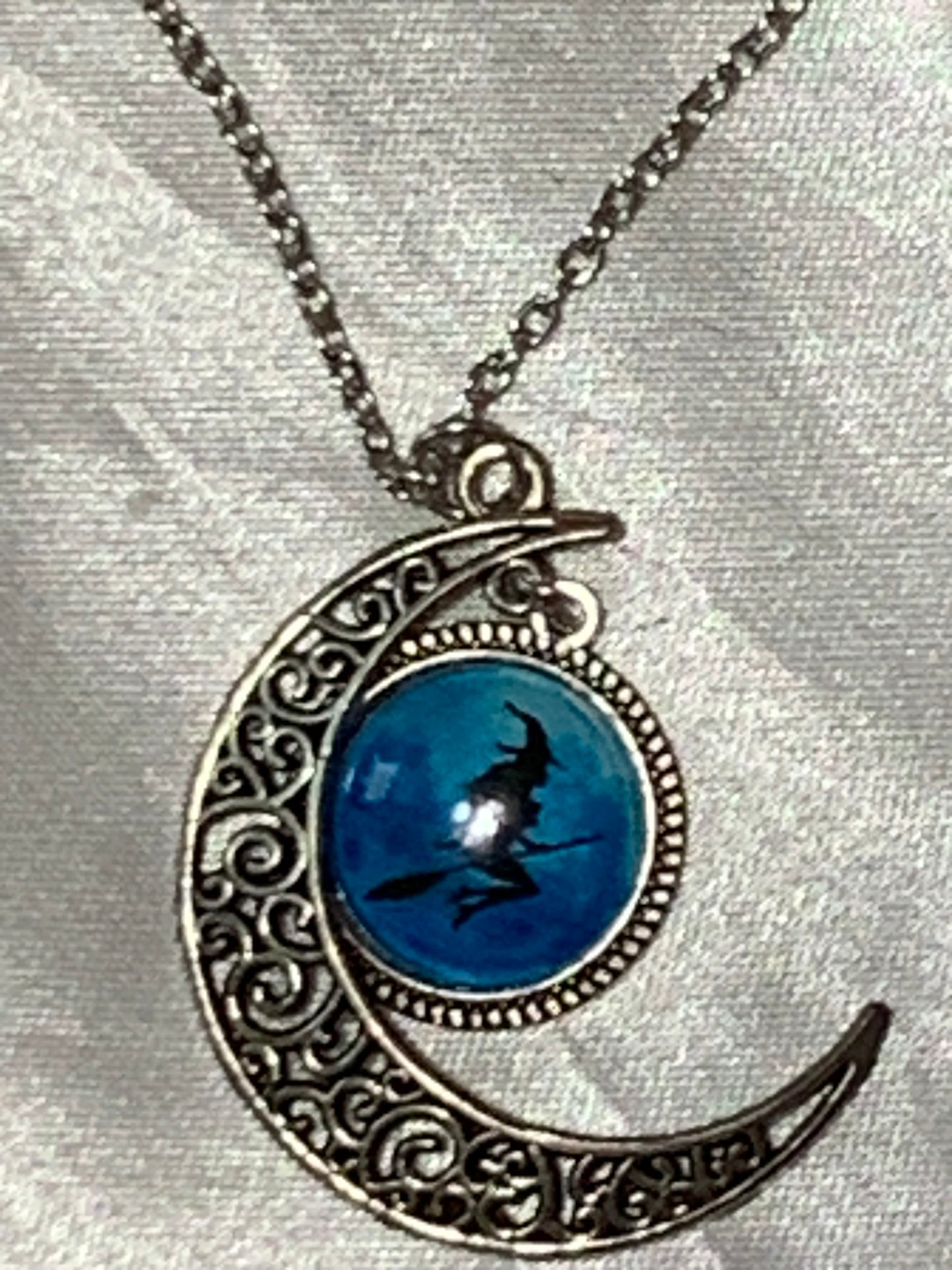 Crescent Moon Silver w/Witch in Blue Cat's Eye Necklace