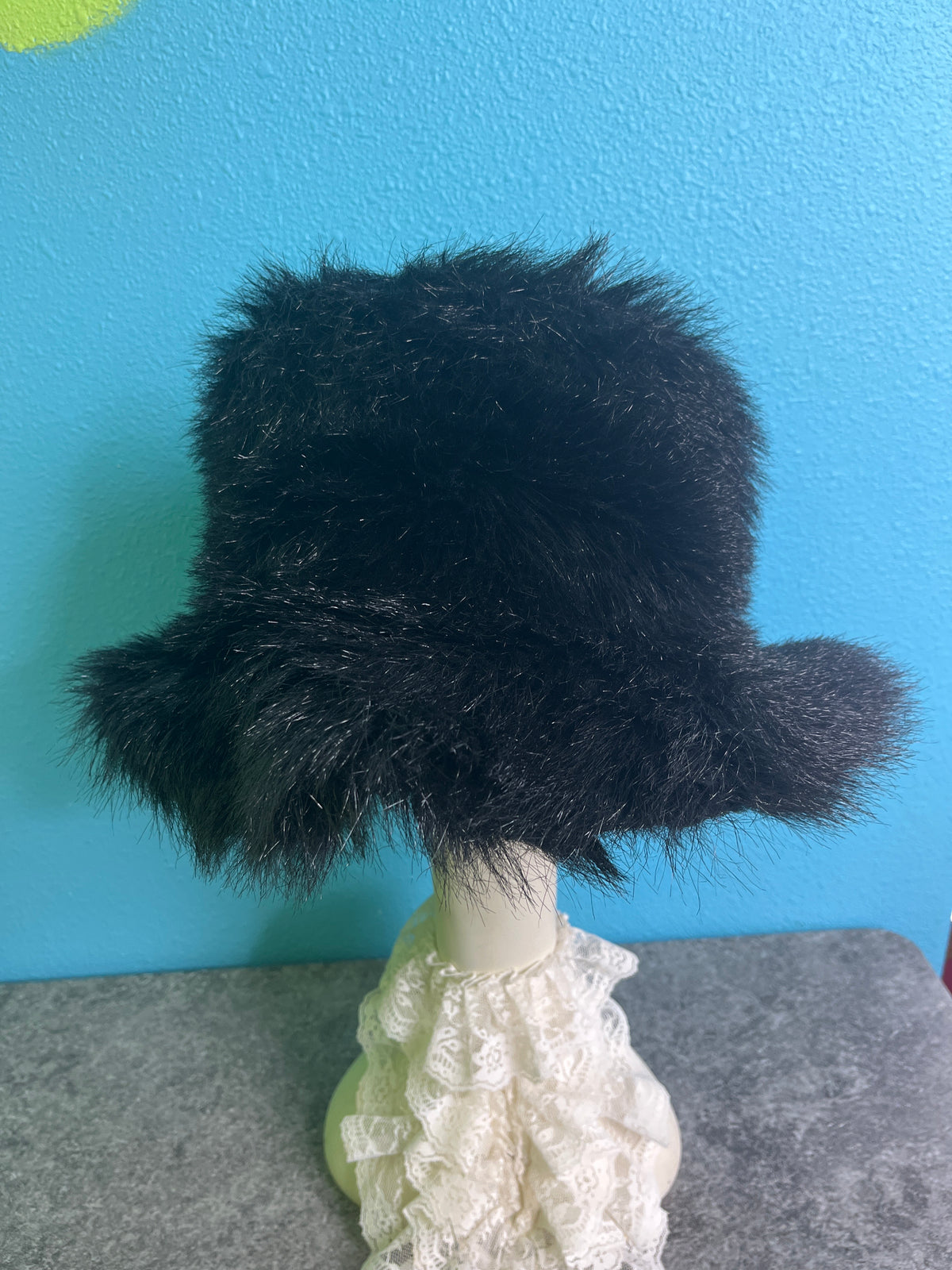 Bucket Adult Hat Black Fuzzy, Leopard Print - Preowned
