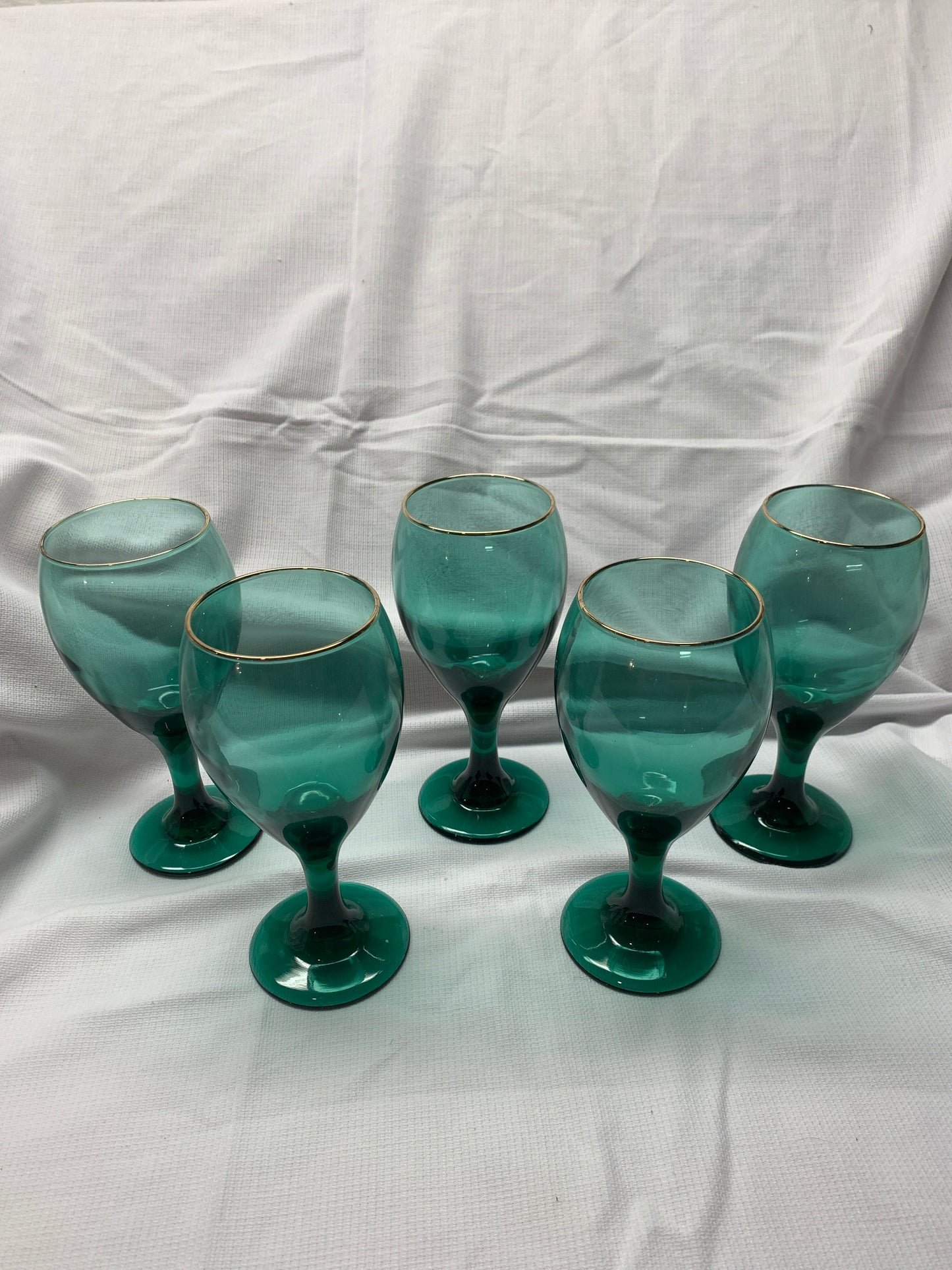 Vintage Juniper Green Libbey Teardrop Water Goblets with Gold Trim - Green Wine Glasses