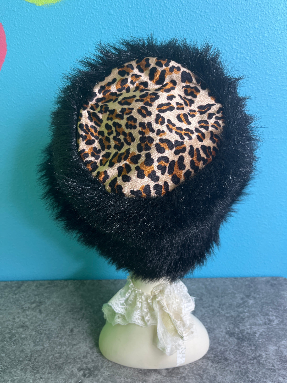 Bucket Adult Hat Black Fuzzy, Leopard Print - Preowned