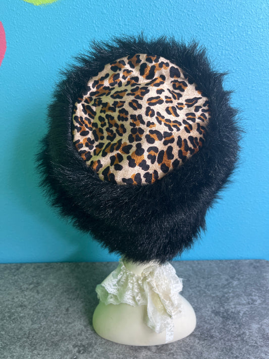 Bucket Adult Hat Black Fuzzy, Leopard Print - Preowned