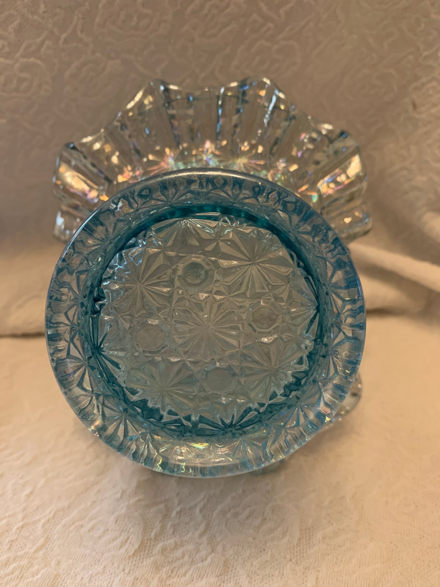 Fenton Iridescent Ice Blue Glass Daisy Button Vintage Basket