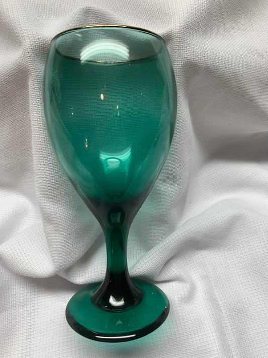 Vintage Juniper Green Libbey Teardrop Water Goblets with Gold Trim - Green Wine Glasses