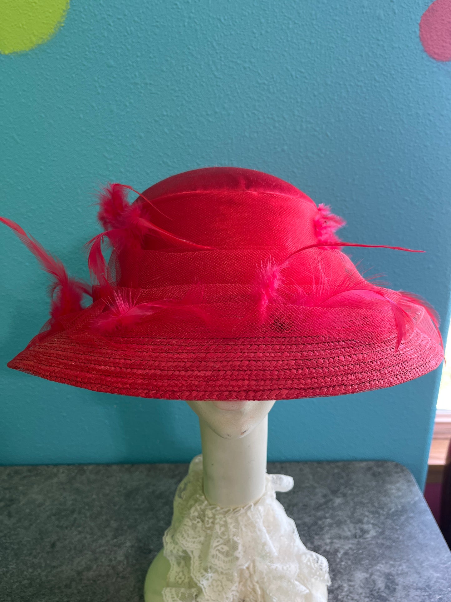 Vintage Women's Red Straw Hat Kentucky Derby Straw, Feather Satin Medium.