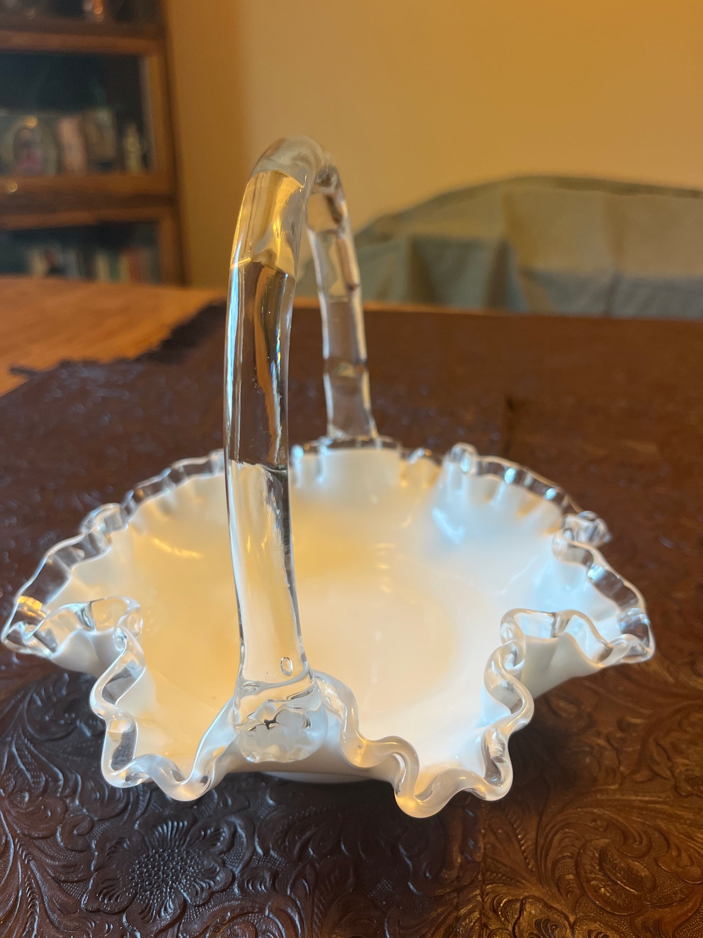 Fenton Silver Crest Petticoat Milk White Glass Basket Clear Handle Candy Dish