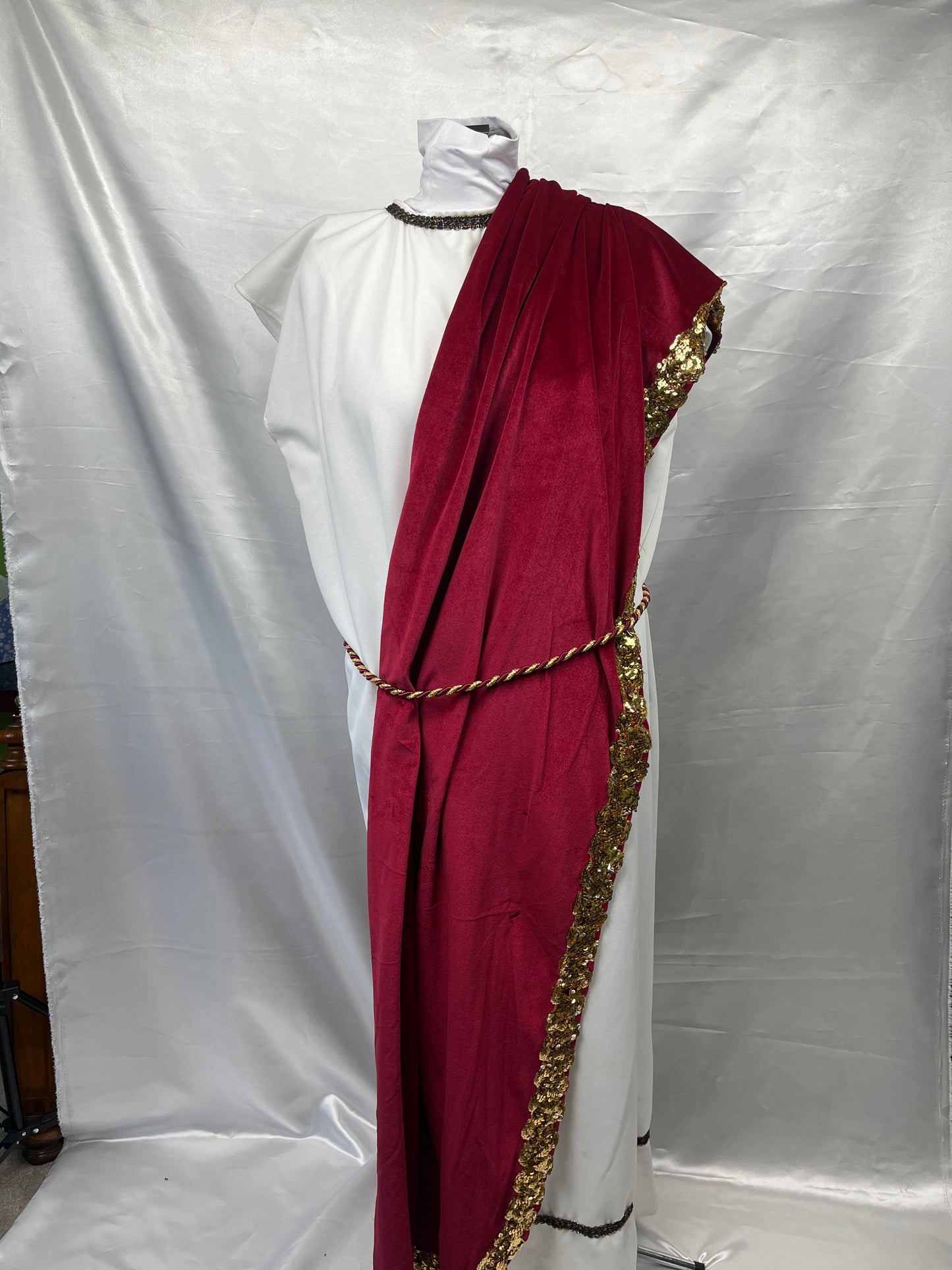 Roman Senator Men OS Dlx White Tunic Burgundy Velvet Cape Costume