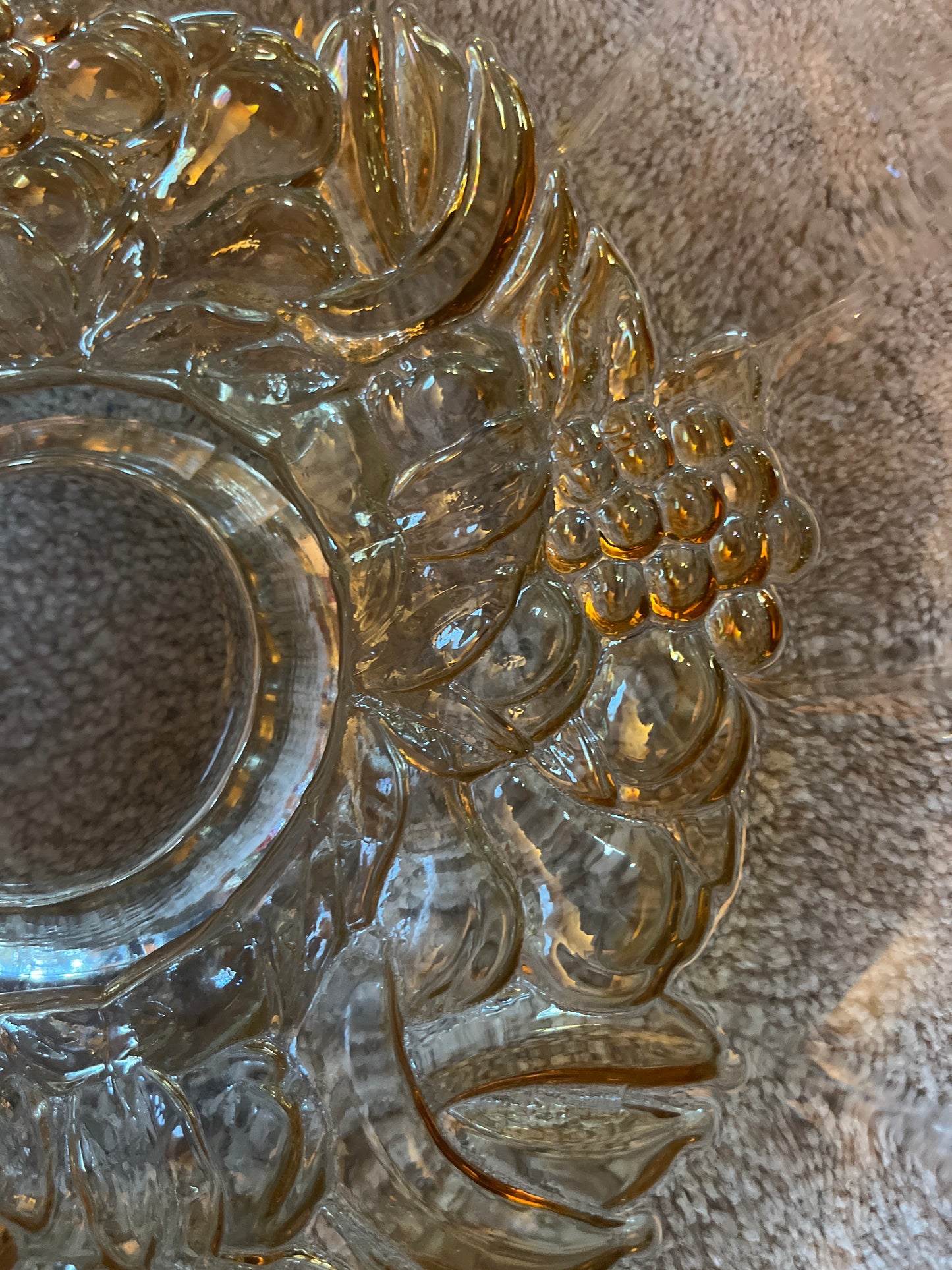 Vintage MCM Indiana Glass Amber Glass 12” Fruit Bowl, Grape Vine
