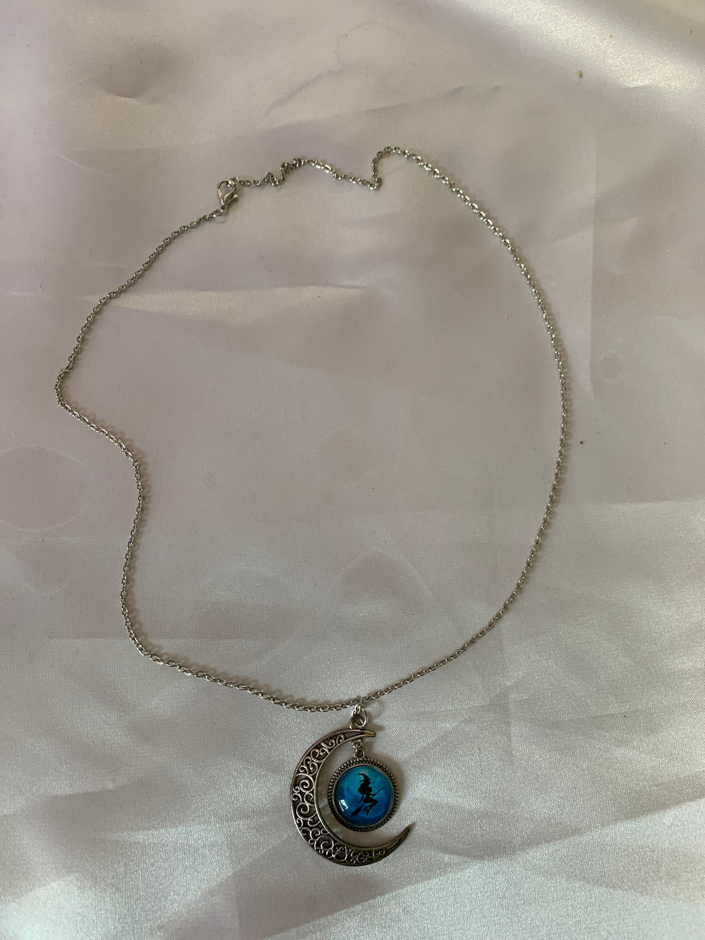 Crescent Moon Silver w/Witch in Blue Cat's Eye Necklace