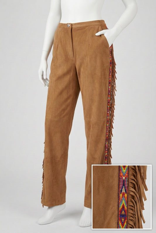 Tan suede looking Native American Indian womens front of  pants with fringe