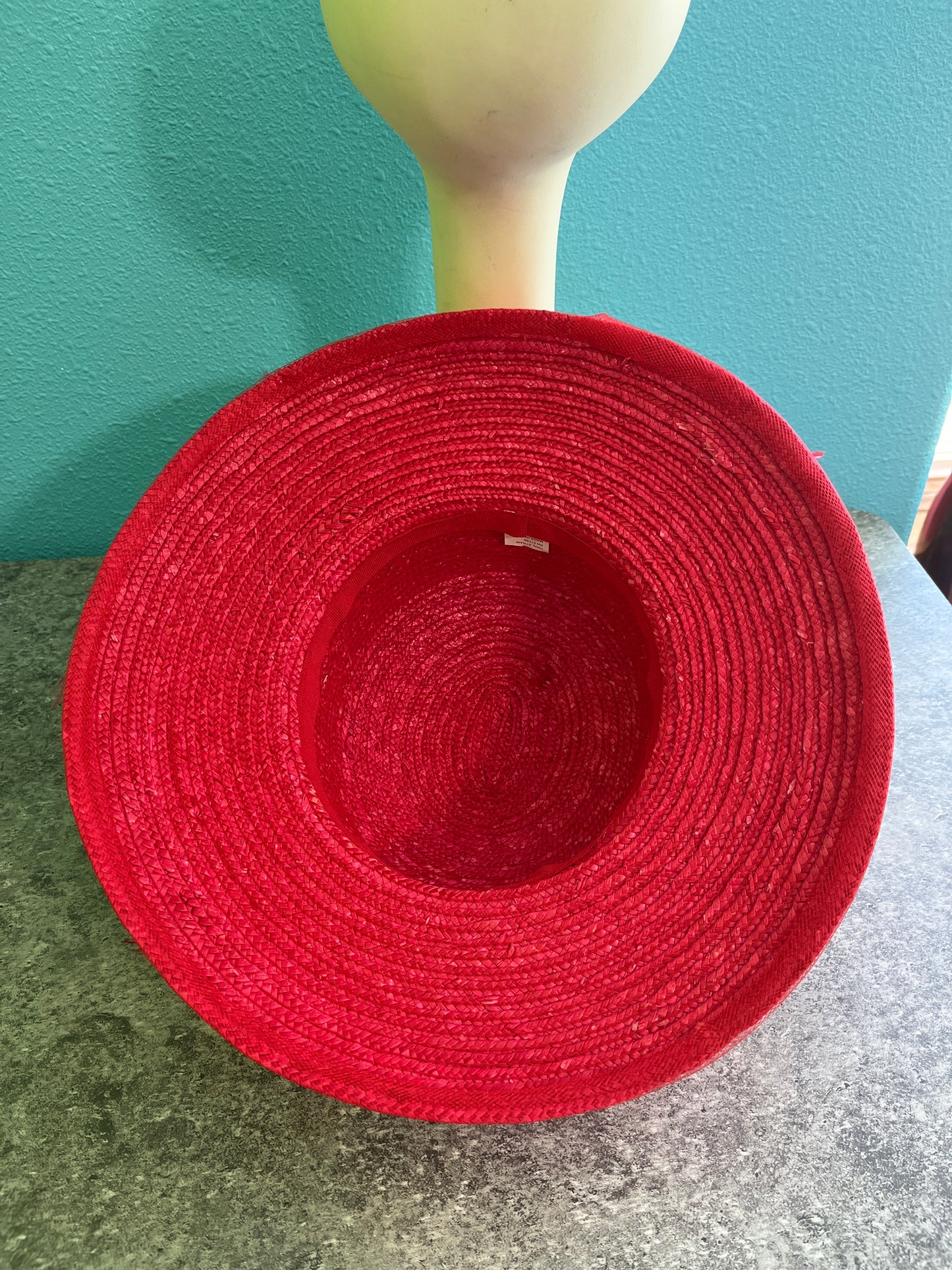 Vintage Women's Red Straw Hat Kentucky Derby Straw, Feather Satin Medium.